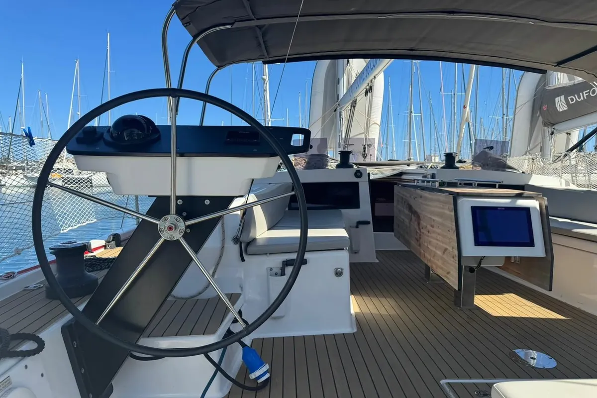 Cockpit of Scruscio du Mari, a Dufour 470 sailboat at Procida, Italy