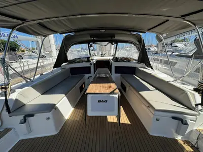 Deck of Scruscio du Mari, a Dufour 470 sailboat at Procida, Italy