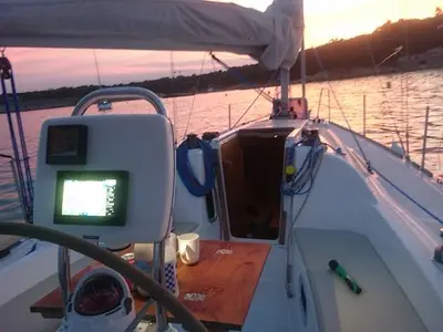Cockpit of Galaia, a Viko S 30 sailboat at Sitges, Spain