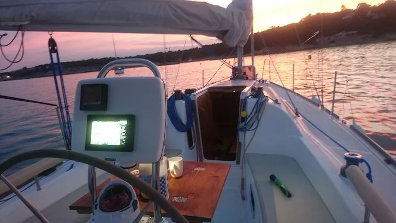 Cockpit of Galaia, a Viko S 30 sailboat at Sitges, Spain