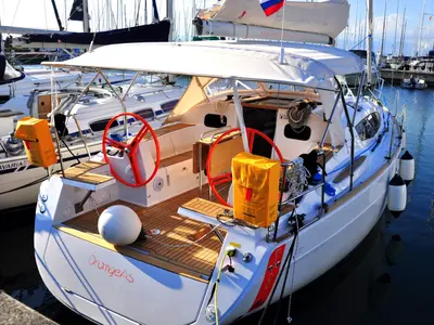 Cockpit of Orange As, a Elan Impression 354 sailboat at Izola / Isola, Slovenia