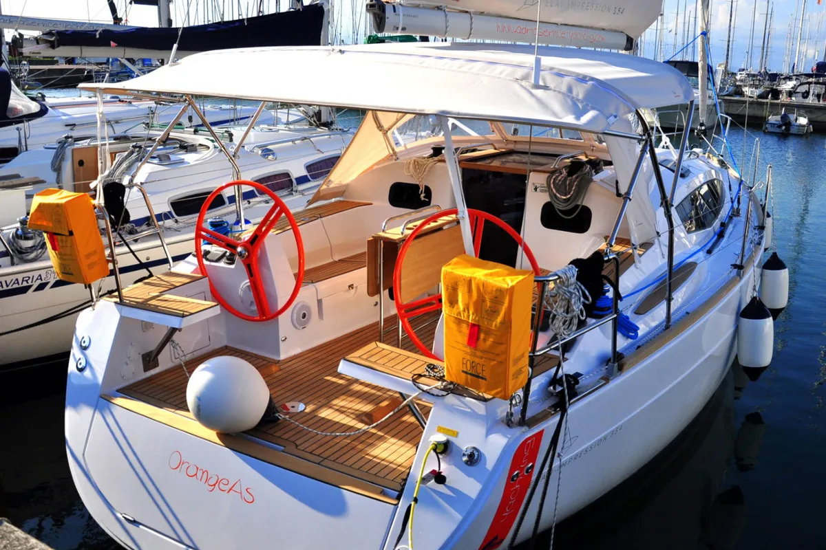 Cockpit of Orange As, a Elan Impression 354 sailboat at Izola / Isola, Slovenia