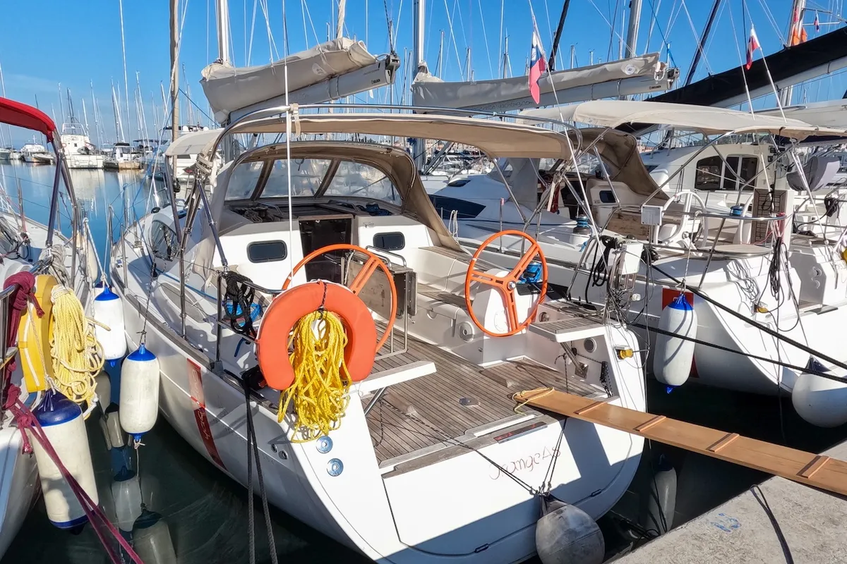 Exterior view of Orange As, a Elan Impression 354 sailboat at Izola / Isola, Slovenia
