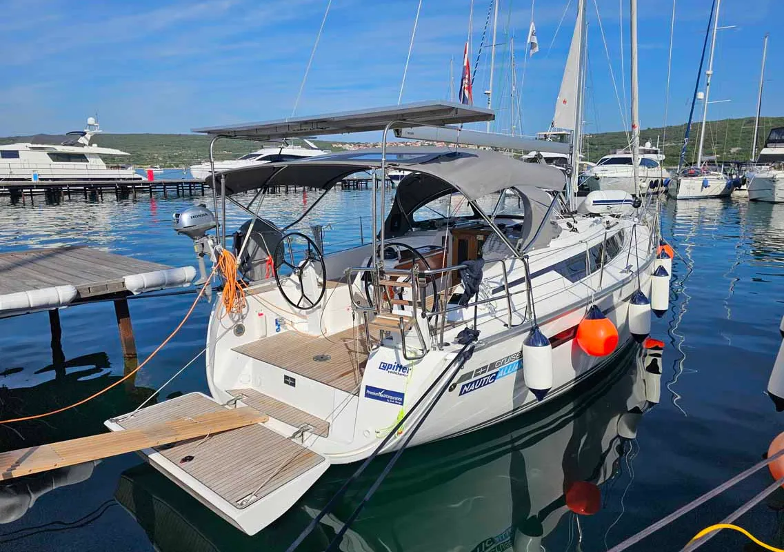 Exterior view of Suleika, a Bavaria Cruiser 34 sailboat at Punat, Croatia