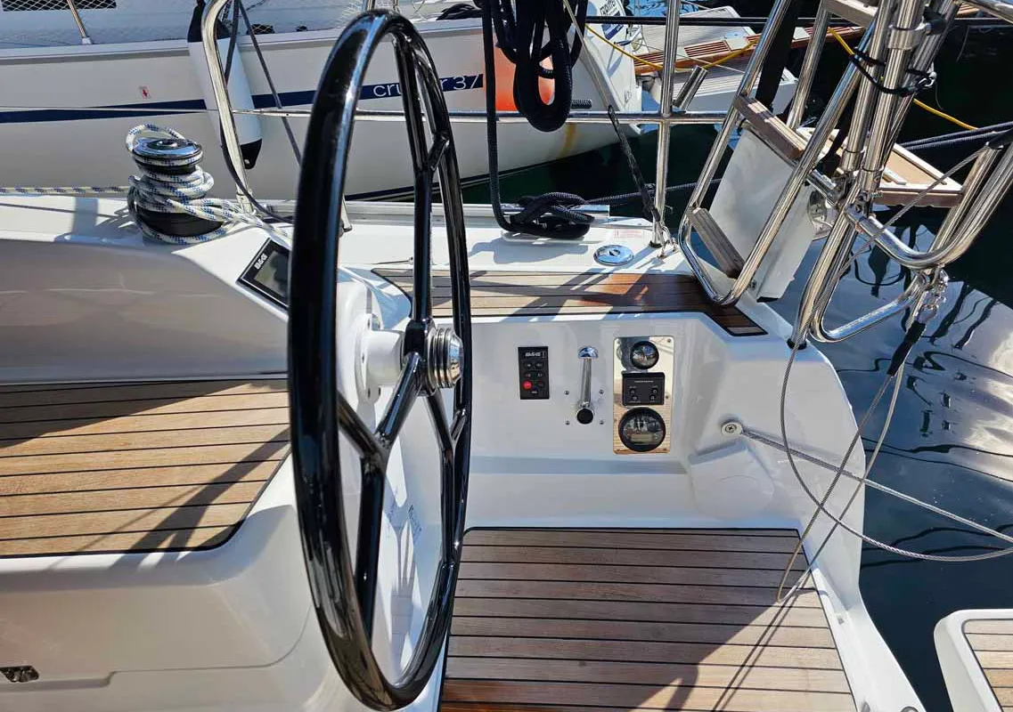 Cockpit of Suleika, a Bavaria Cruiser 34 sailboat at Punat, Croatia