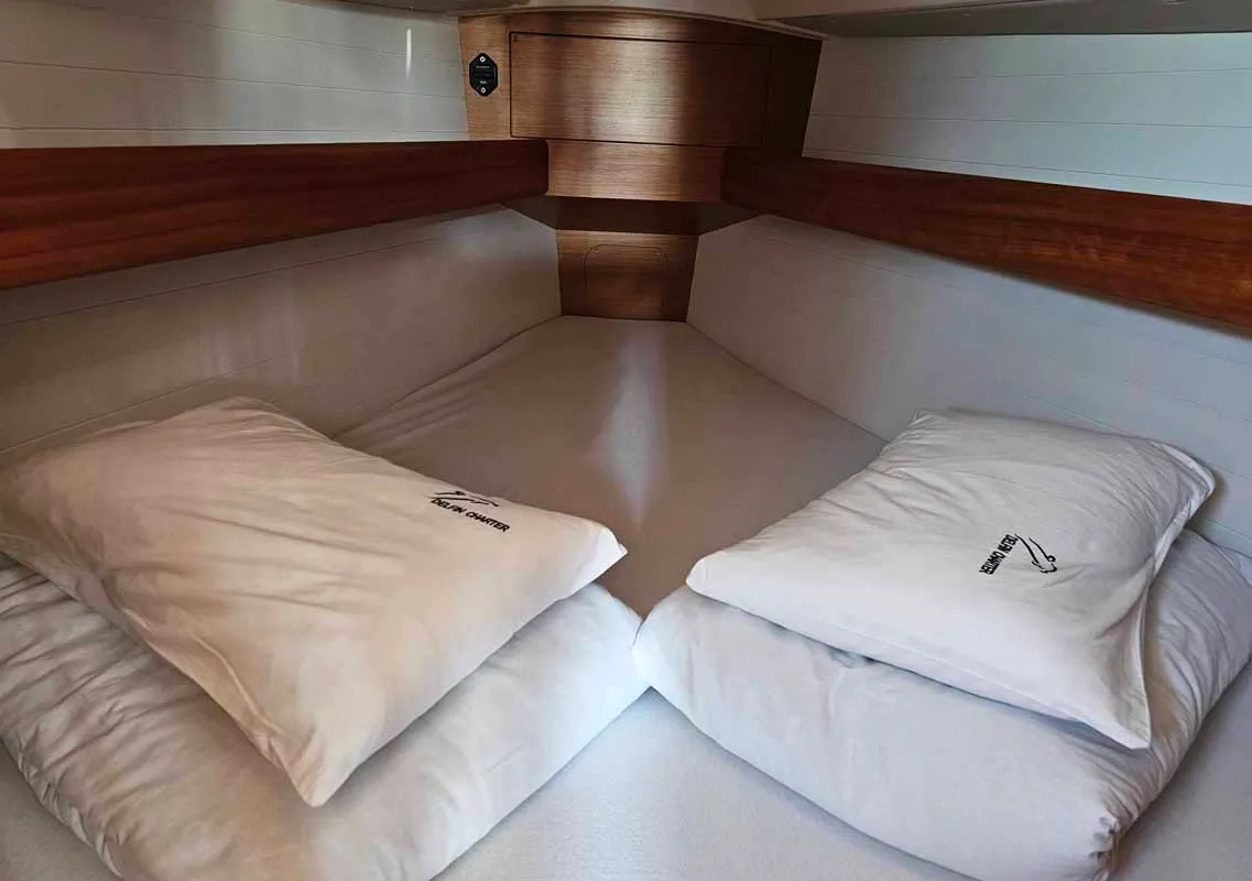Cabin on Suleika, a Bavaria Cruiser 34 sailboat at Punat, Croatia