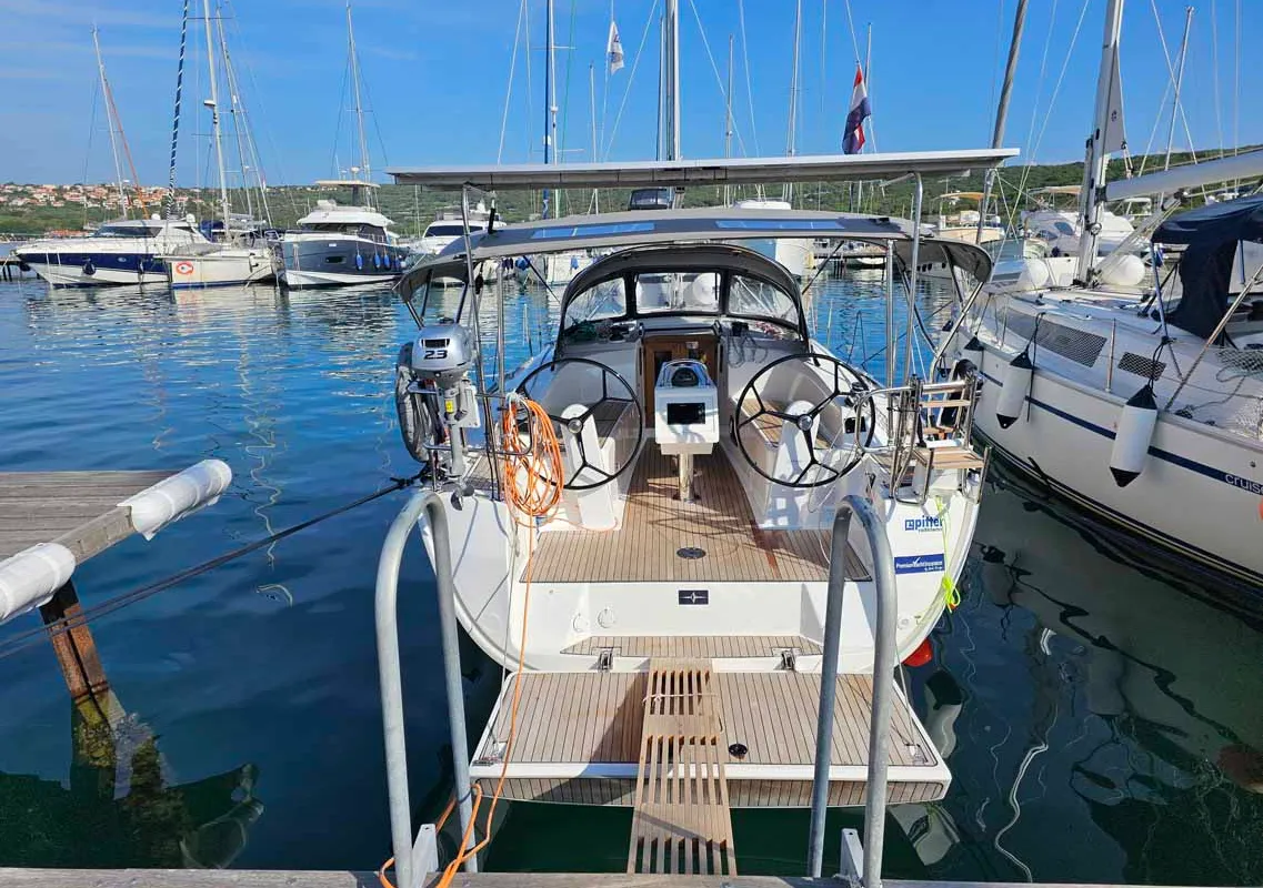 Exterior view of Suleika, a Bavaria Cruiser 34 sailboat at Punat, Croatia