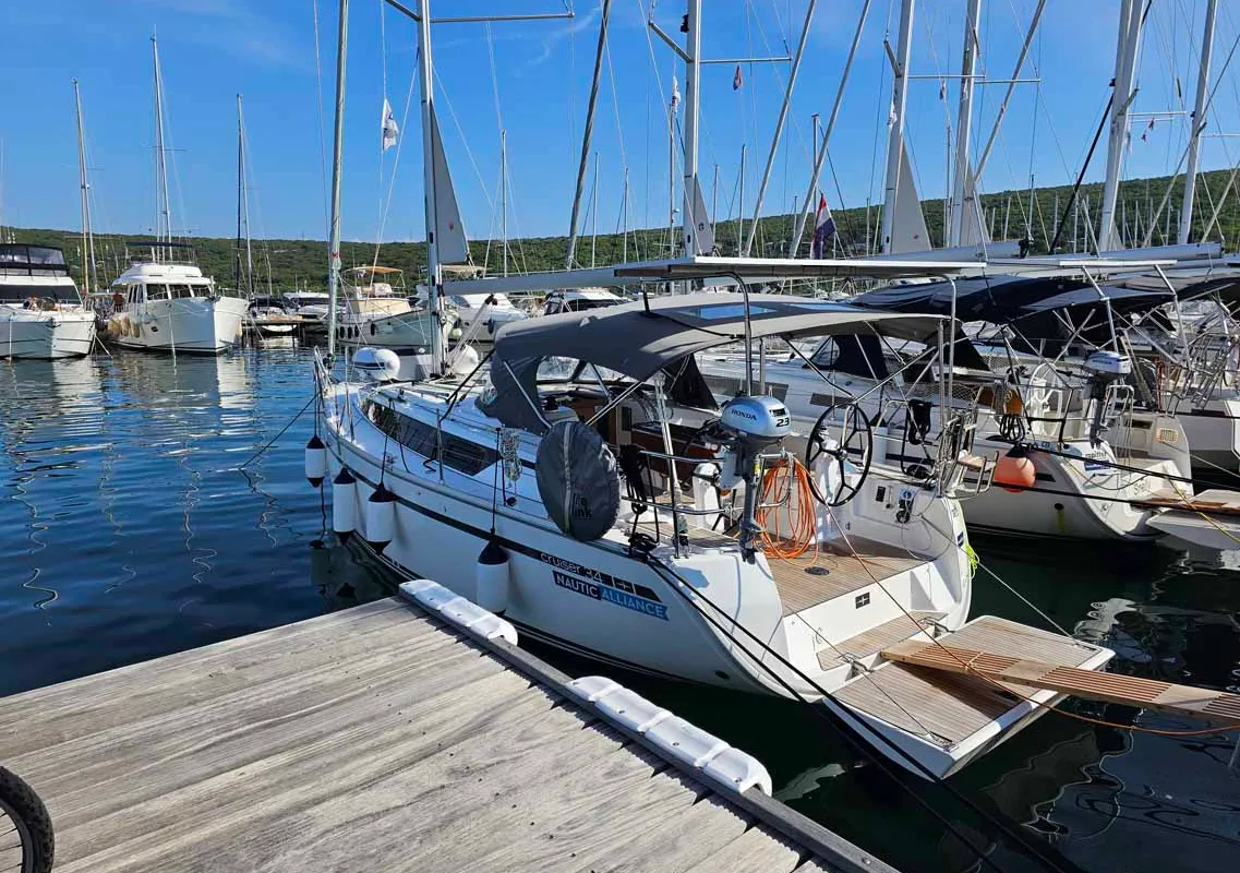 Exterior view of Suleika, a Bavaria Cruiser 34 sailboat at Punat, Croatia