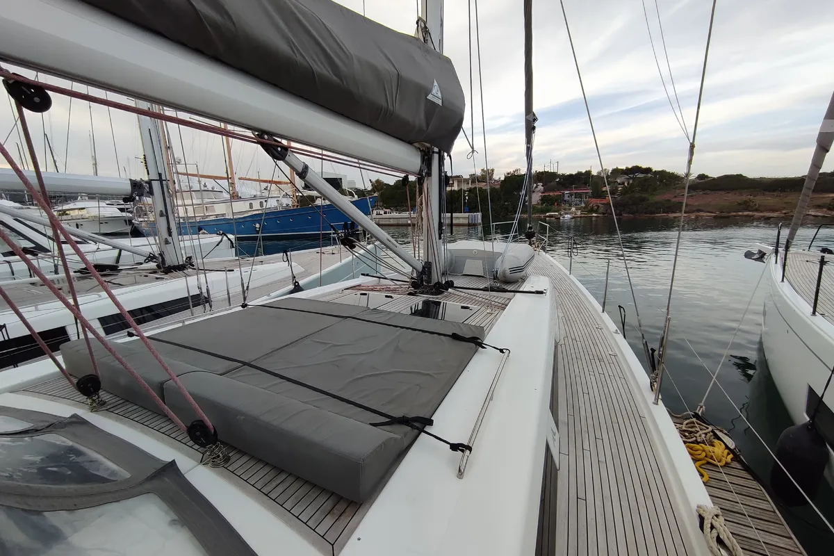 Deck of Change of Seasons, a Hanse 508 sailboat at Lavrion, Greece