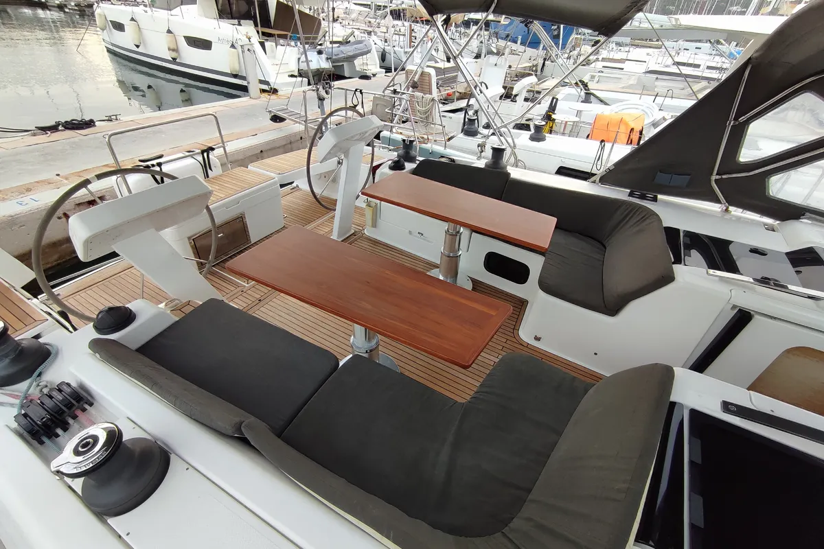 Cockpit of Change of Seasons, a Hanse 508 sailboat at Lavrion, Greece