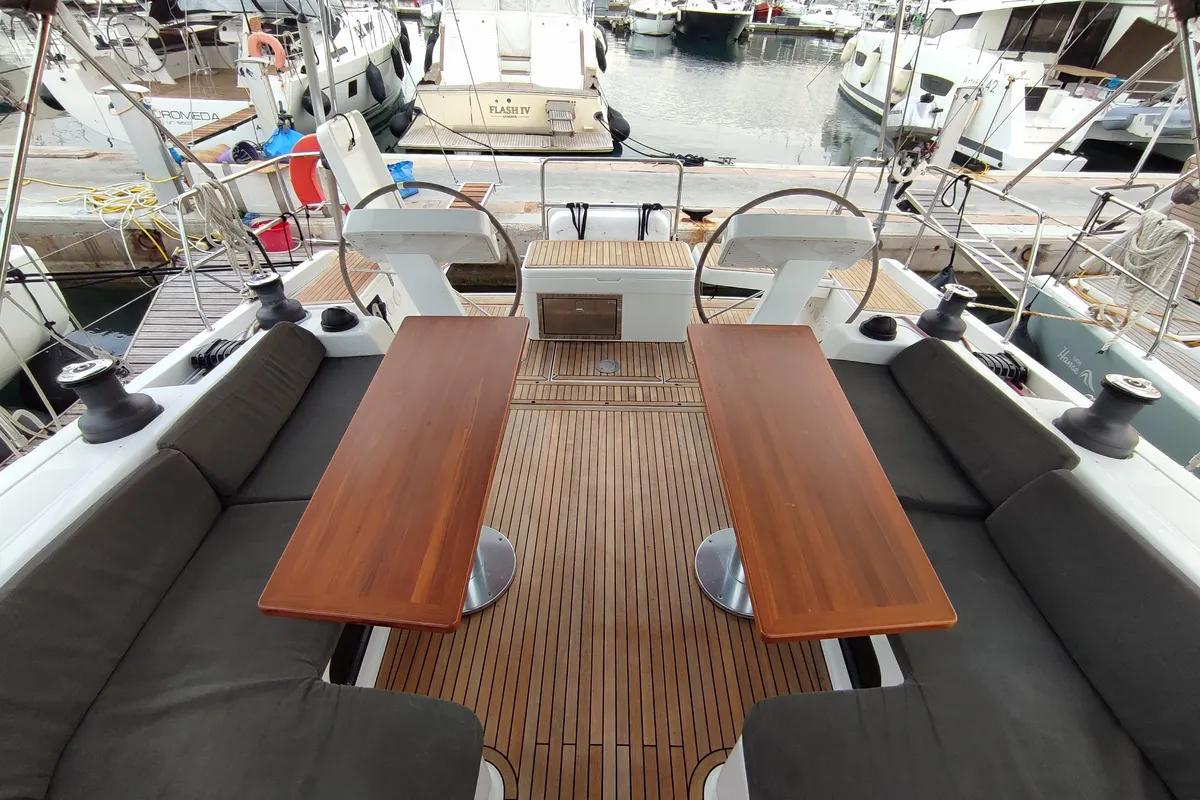 Cockpit of Change of Seasons, a Hanse 508 sailboat at Lavrion, Greece