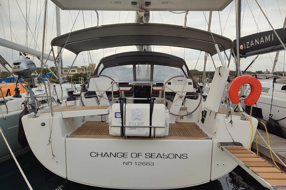 Exterior view of Change of Seasons, a Hanse 508 sailboat at Lavrion, Greece
