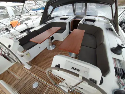 Cockpit of Change of Seasons, a Hanse 508 sailboat at Lavrion, Greece