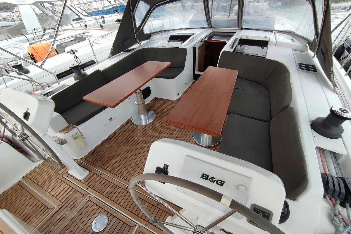 Cockpit of Change of Seasons, a Hanse 508 sailboat at Lavrion, Greece