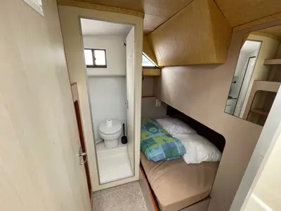 Cabin on Sonate, a Nicols Sedan 1000 motorboat at Grez-Neuville, France