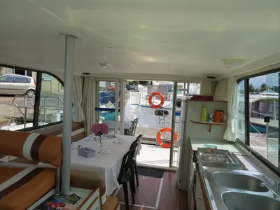 Salon of Sonate, a Nicols Sedan 1000 motorboat at Grez-Neuville, France