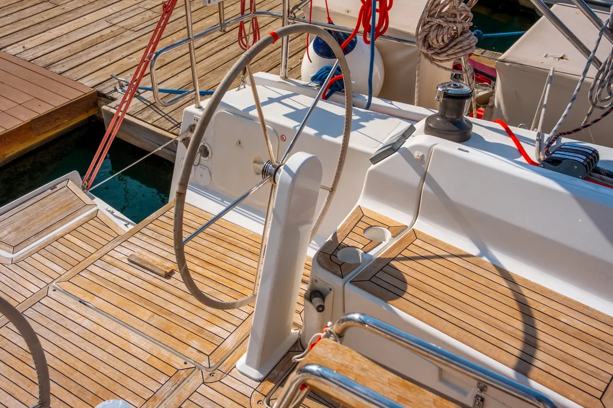 Cockpit of Draco, a Hanse 445 sailboat at Fethiye, Turkey