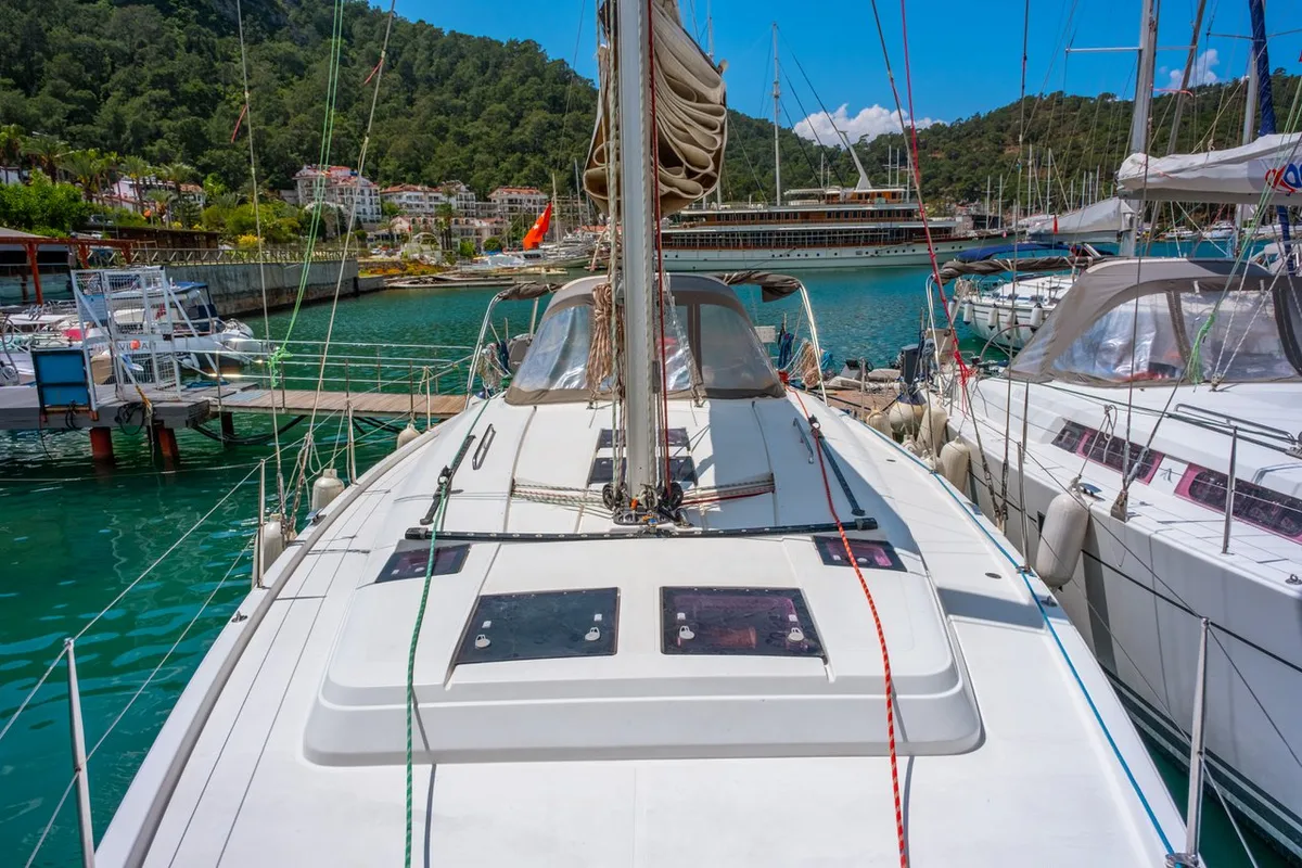 Deck of Draco, a Hanse 445 sailboat at Fethiye, Turkey