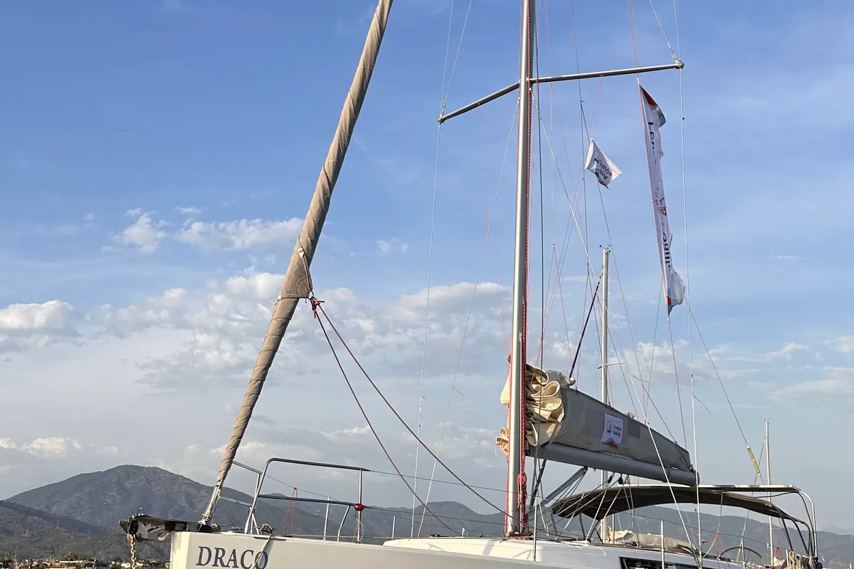 Exterior view of Draco, a Hanse 445 sailboat at Fethiye, Turkey