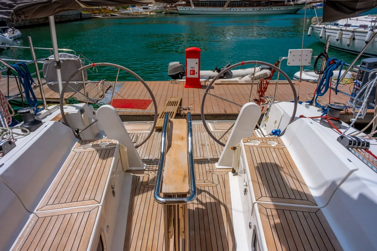 Cockpit of Draco, a Hanse 445 sailboat at Fethiye, Turkey