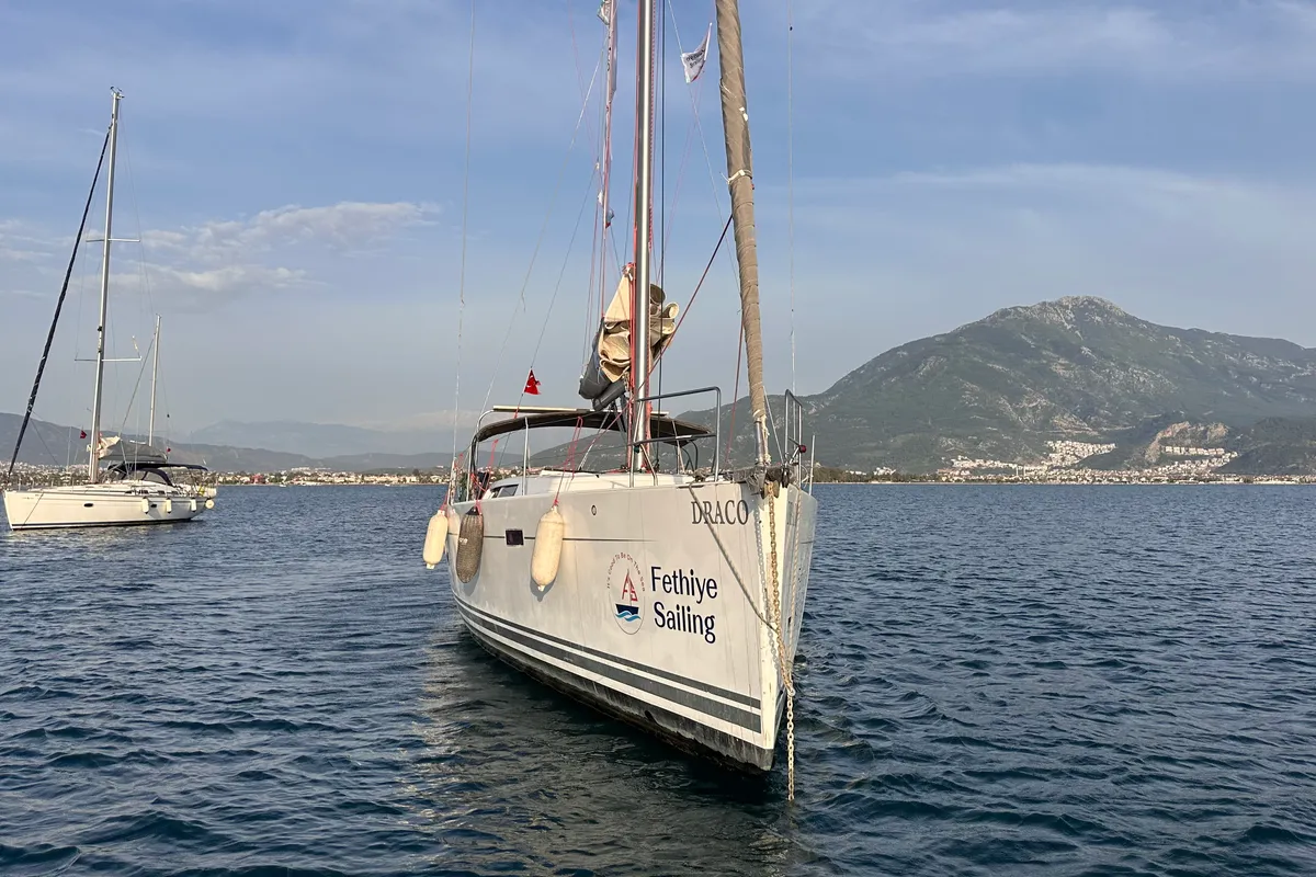 Exterior view of Draco, a Hanse 445 sailboat at Fethiye, Turkey