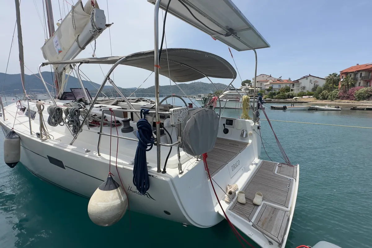 Cockpit of Draco, a Hanse 445 sailboat at Fethiye, Turkey