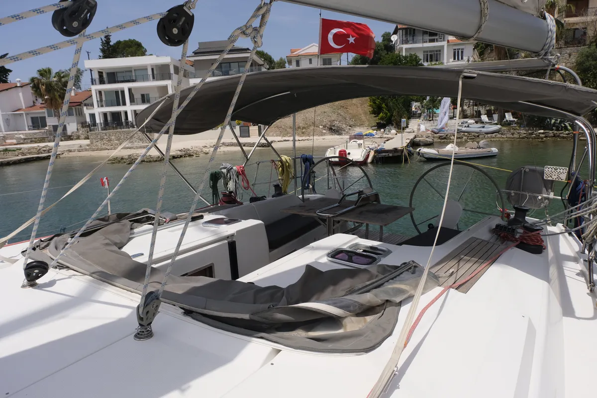 Cockpit of Draco, a Hanse 445 sailboat at Fethiye, Turkey