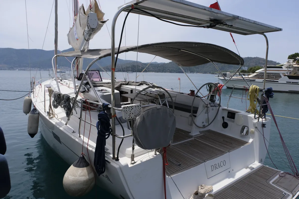Cockpit of Draco, a Hanse 445 sailboat at Fethiye, Turkey