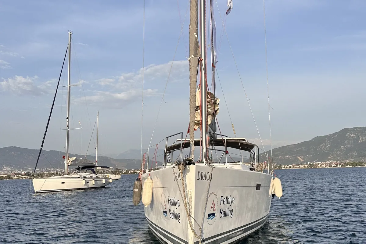 Exterior view of Draco, a Hanse 445 sailboat at Fethiye, Turkey