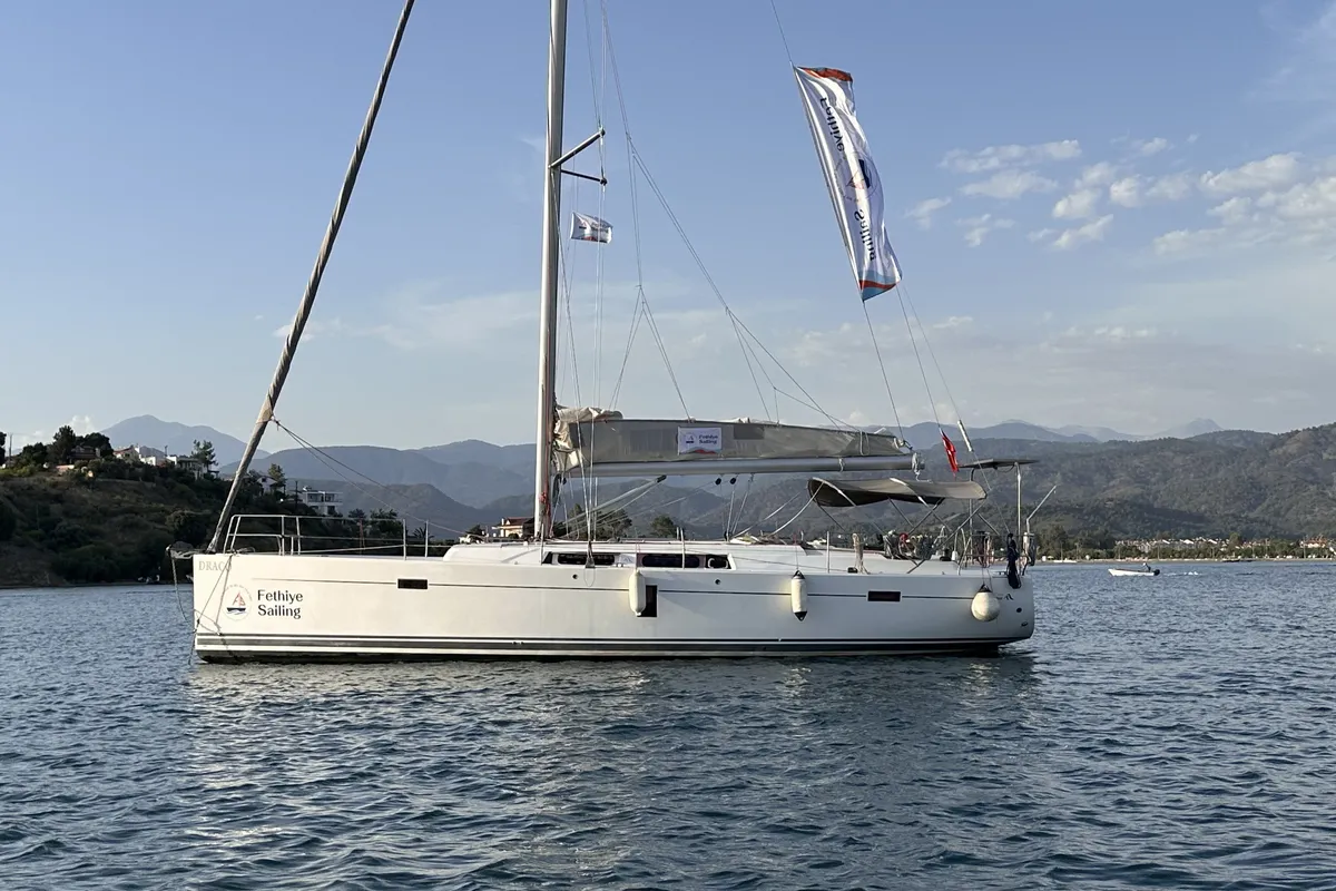 Exterior view of Draco, a Hanse 445 sailboat at Fethiye, Turkey