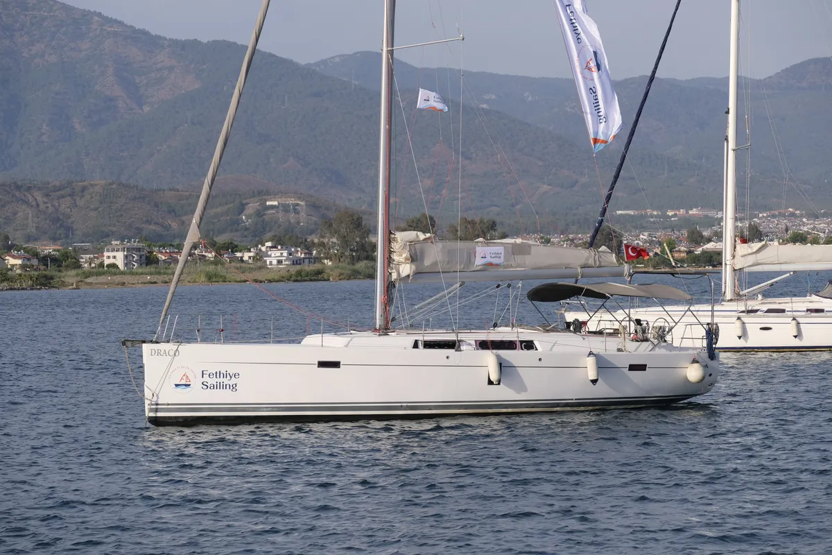Exterior view of Draco, a Hanse 445 sailboat at Fethiye, Turkey