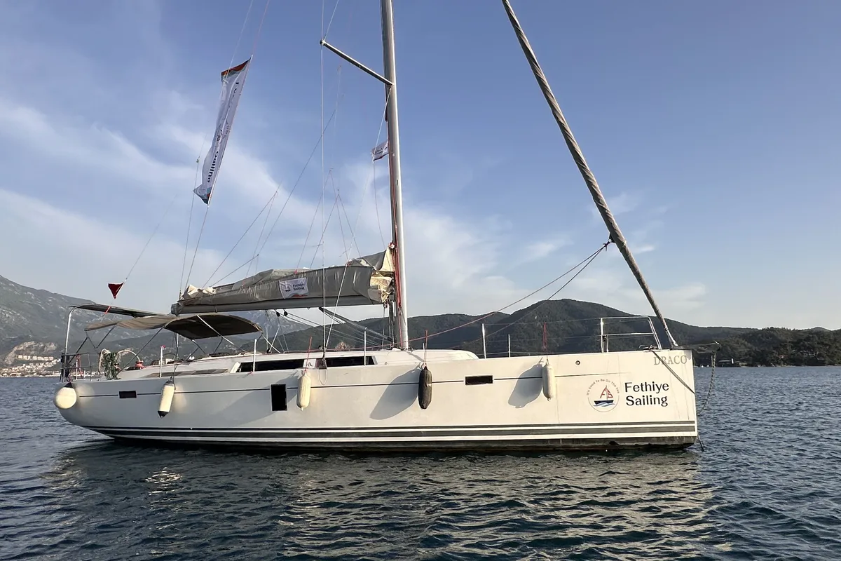 Exterior view of Draco, a Hanse 445 sailboat at Fethiye, Turkey