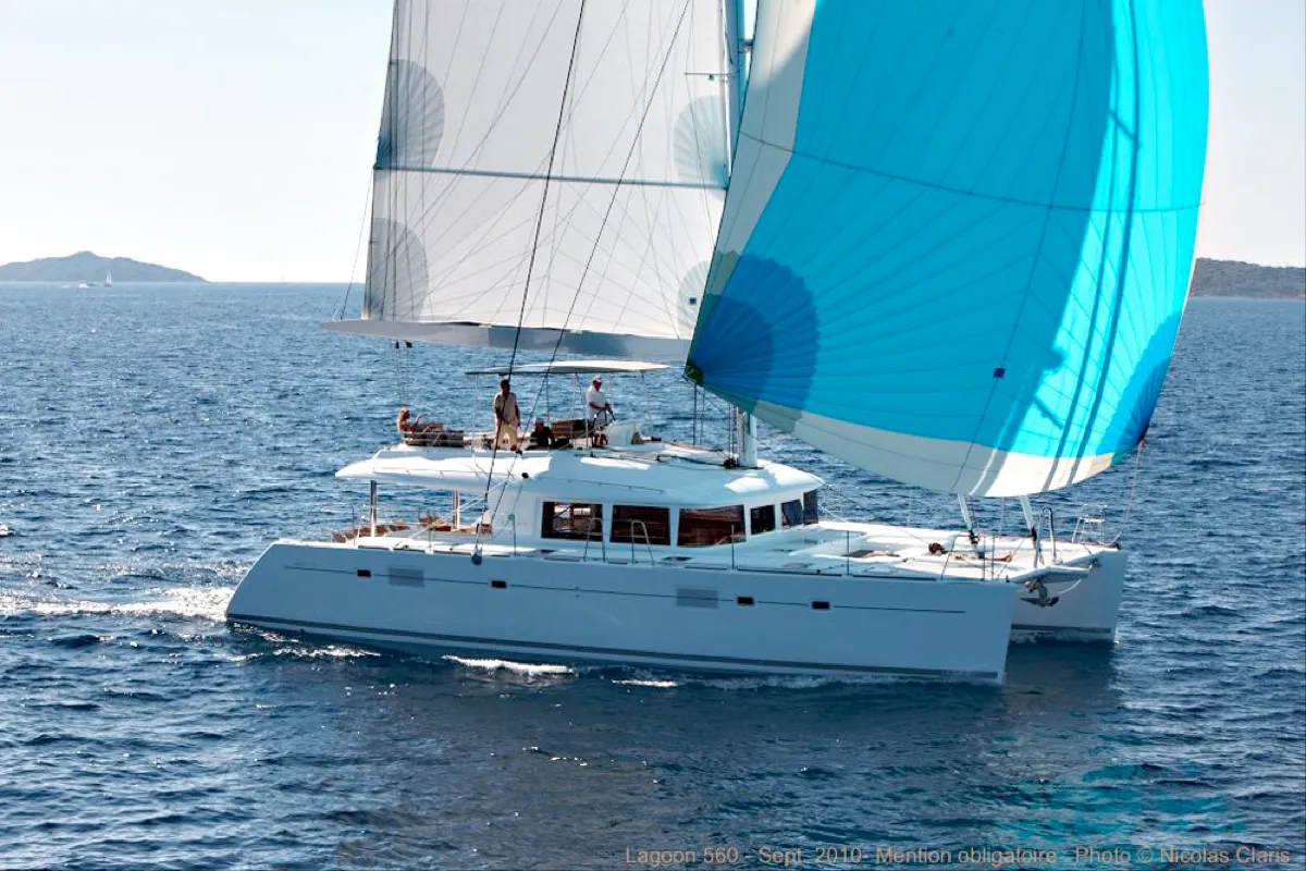 Exterior view of Adeia II, a Lagoon 560 catamaran at Olbia, Italy