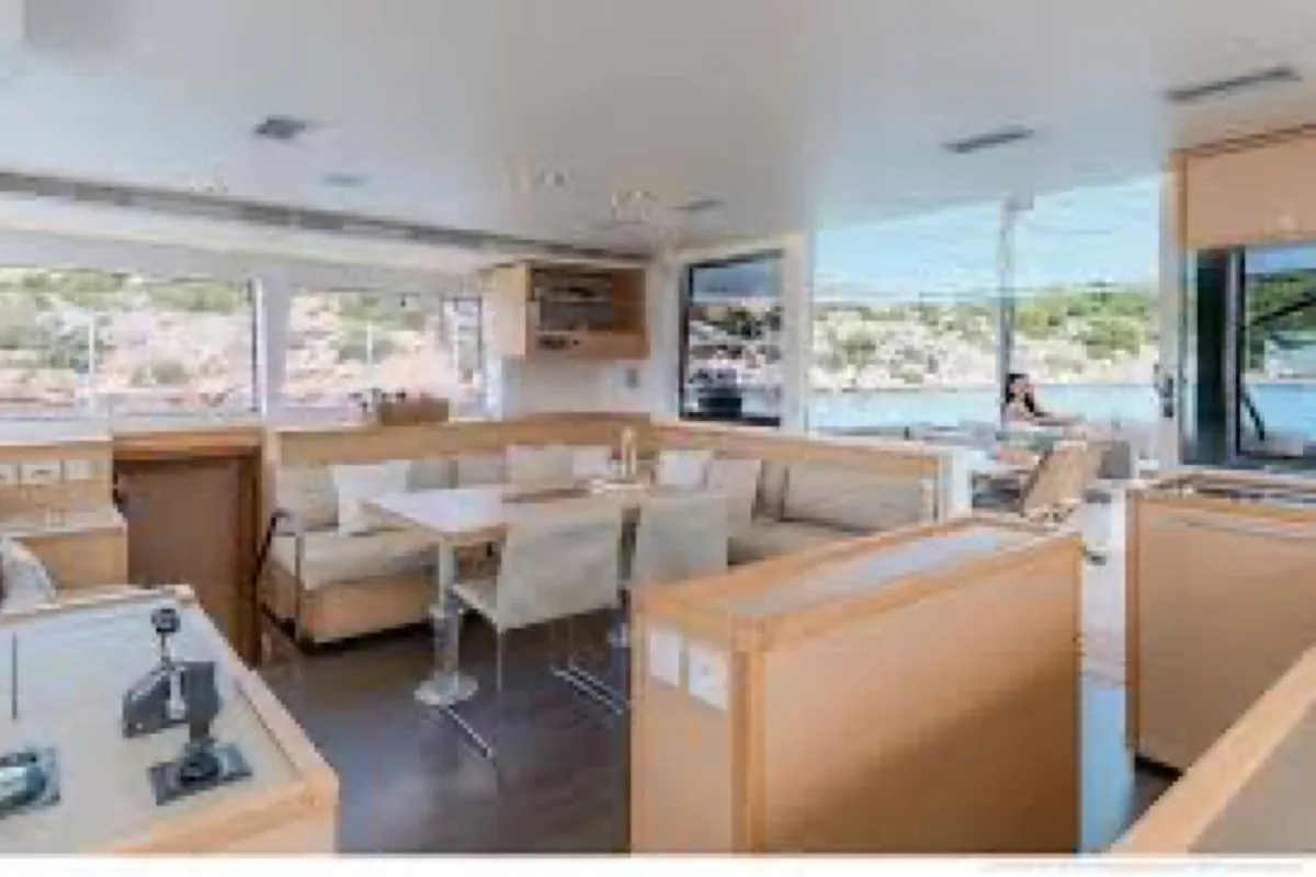 Salon of Adeia II, a Lagoon 560 catamaran at Olbia, Italy