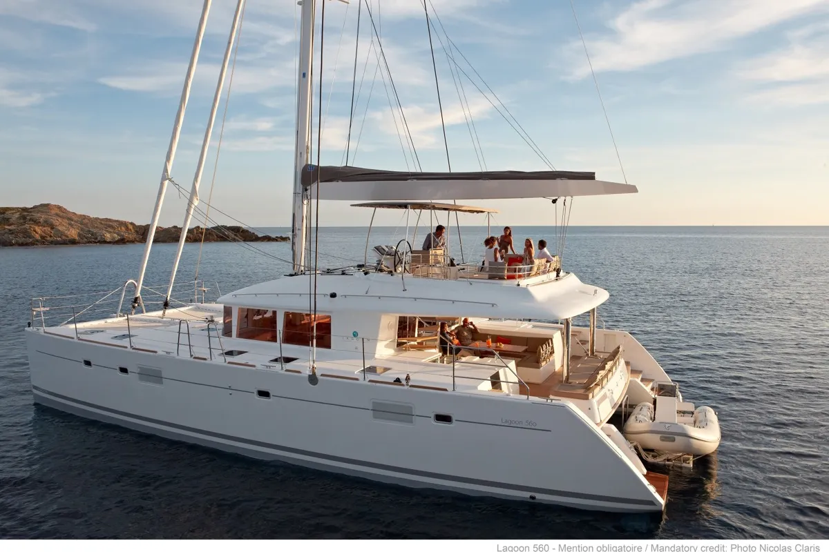 Exterior view of Adeia II, a Lagoon 560 catamaran at Olbia, Italy