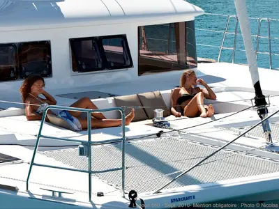 Deck of Adeia II, a Lagoon 560 catamaran at Olbia, Italy