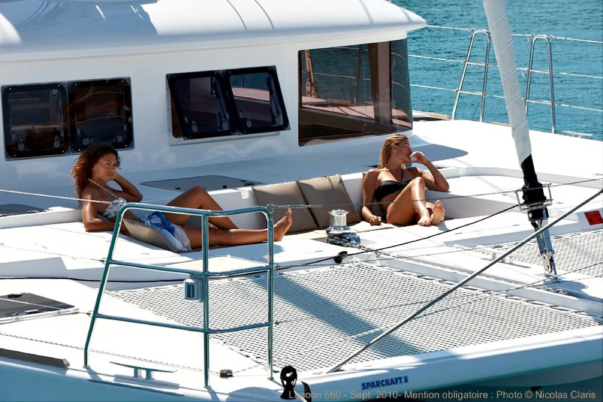 Deck of Adeia II, a Lagoon 560 catamaran at Olbia, Italy