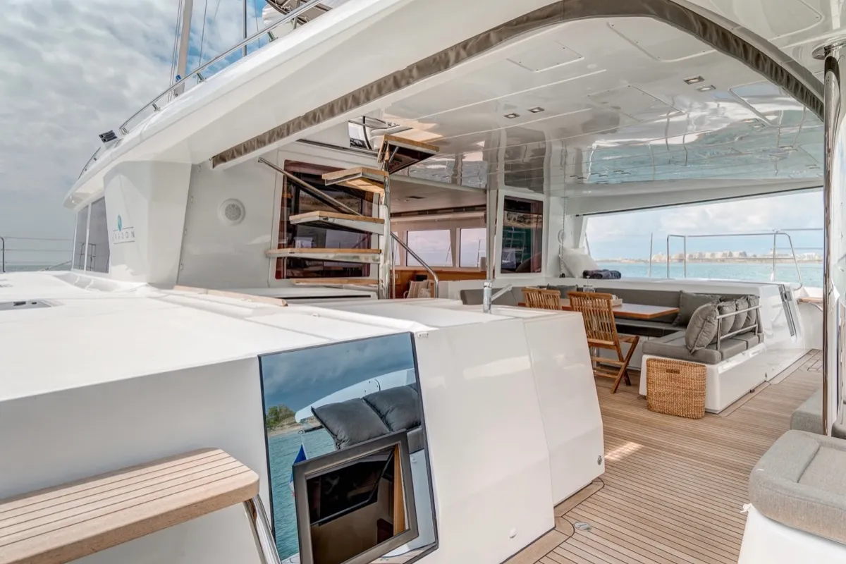 Deck of Adeia II, a Lagoon 560 catamaran at Olbia, Italy