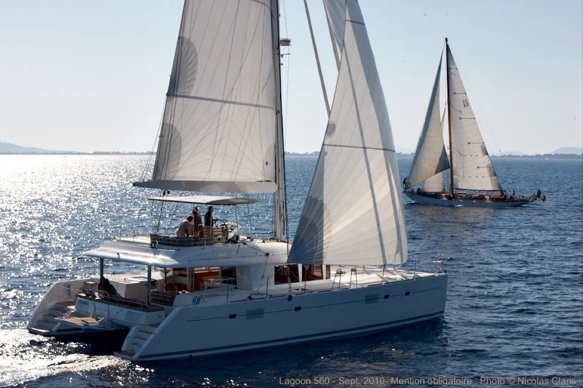 Exterior view of Adeia II, a Lagoon 560 catamaran at Olbia, Italy
