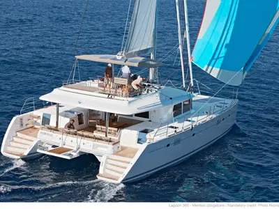 Exterior view of Adeia II, a Lagoon 560 catamaran at Olbia, Italy