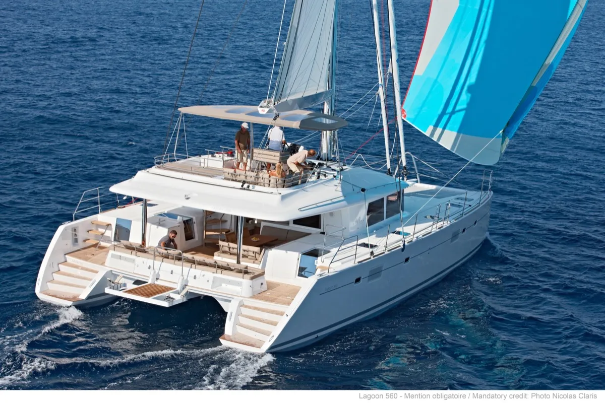 Exterior view of Adeia II, a Lagoon 560 catamaran at Olbia, Italy