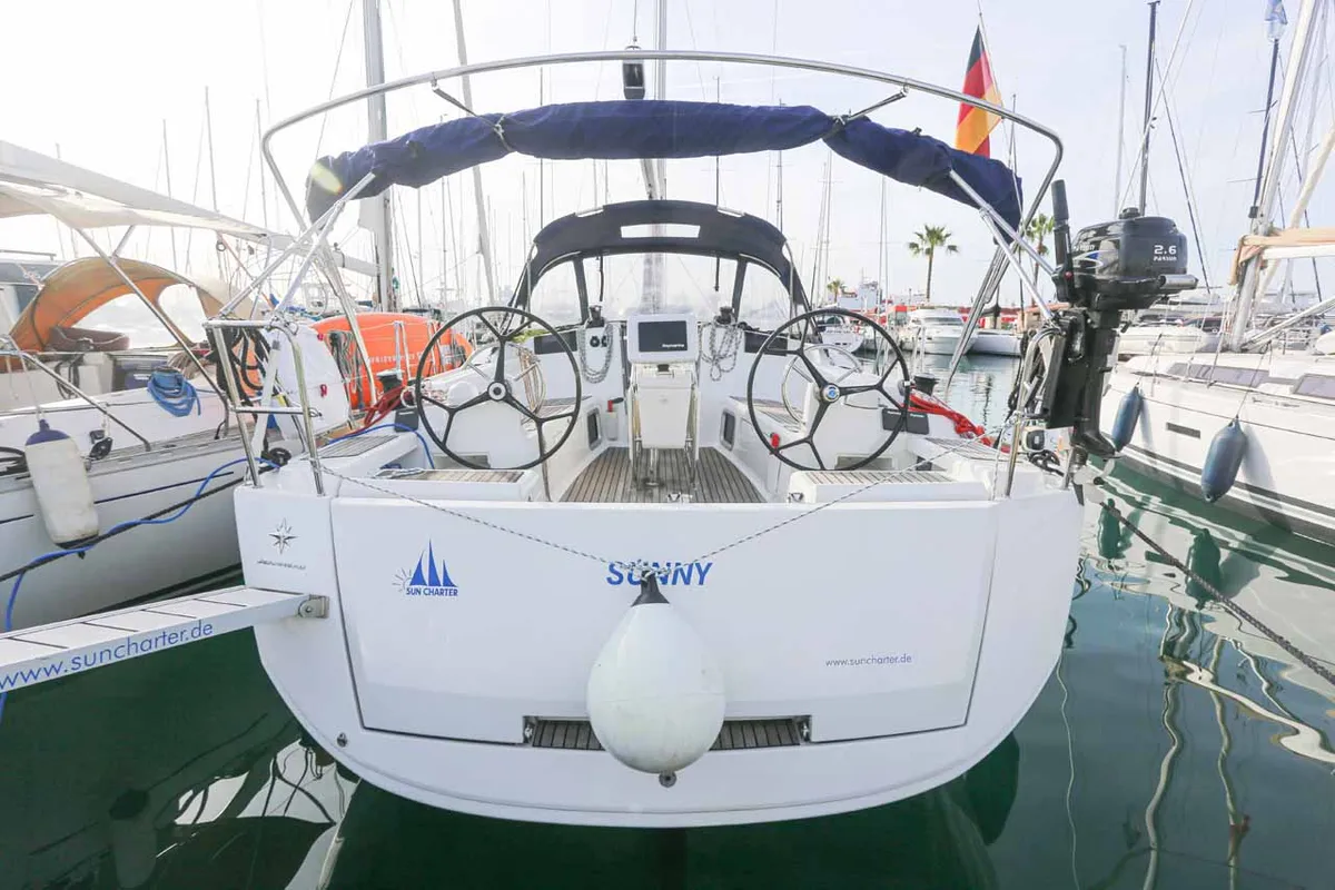 Exterior view of Sunny, a Jeanneau Sun Odyssey 419 sailboat at Palma de Mallorca, Spain