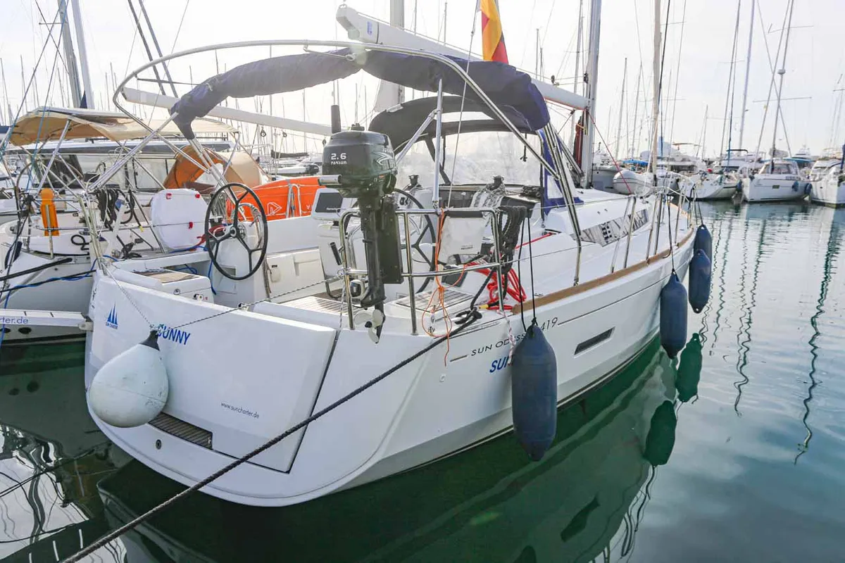 Exterior view of Sunny, a Jeanneau Sun Odyssey 419 sailboat at Palma de Mallorca, Spain