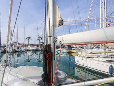 Deck of Sunny, a Jeanneau Sun Odyssey 419 sailboat at Palma de Mallorca, Spain