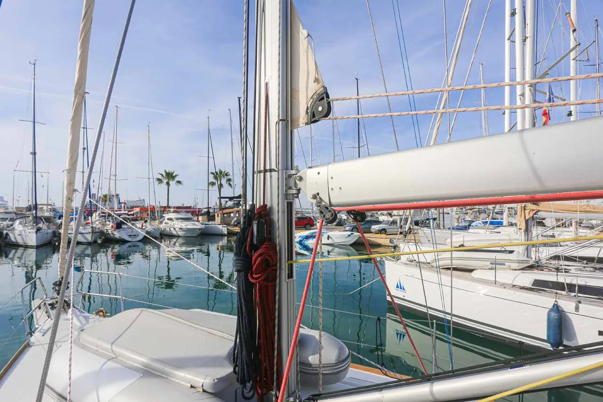 Deck of Sunny, a Jeanneau Sun Odyssey 419 sailboat at Palma de Mallorca, Spain