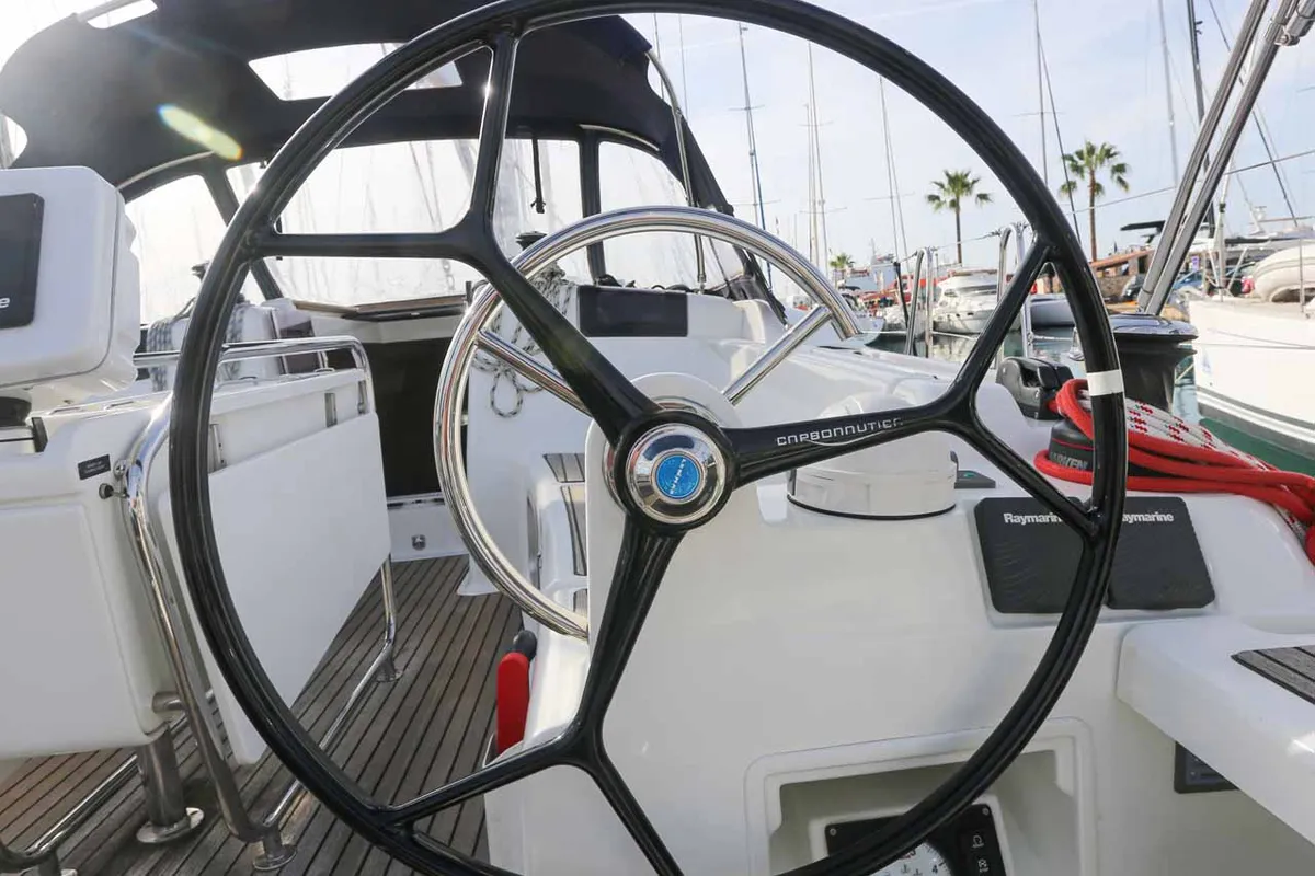 Cockpit of Sunny, a Jeanneau Sun Odyssey 419 sailboat at Palma de Mallorca, Spain