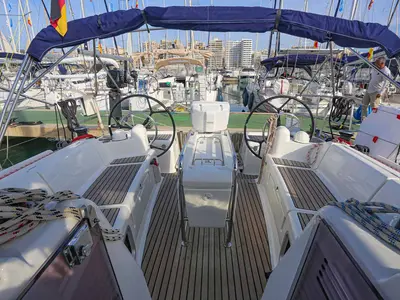 Cockpit of Sunny, a Jeanneau Sun Odyssey 419 sailboat at Palma de Mallorca, Spain