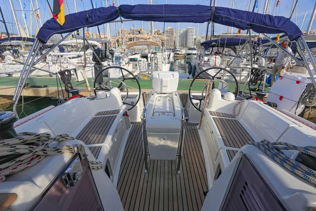 Cockpit of Sunny, a Jeanneau Sun Odyssey 419 sailboat at Palma de Mallorca, Spain