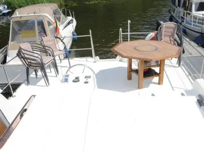 Deck of Aphrodite, a Gulet Tarpon 42 TP motorboat at Lübz, Germany