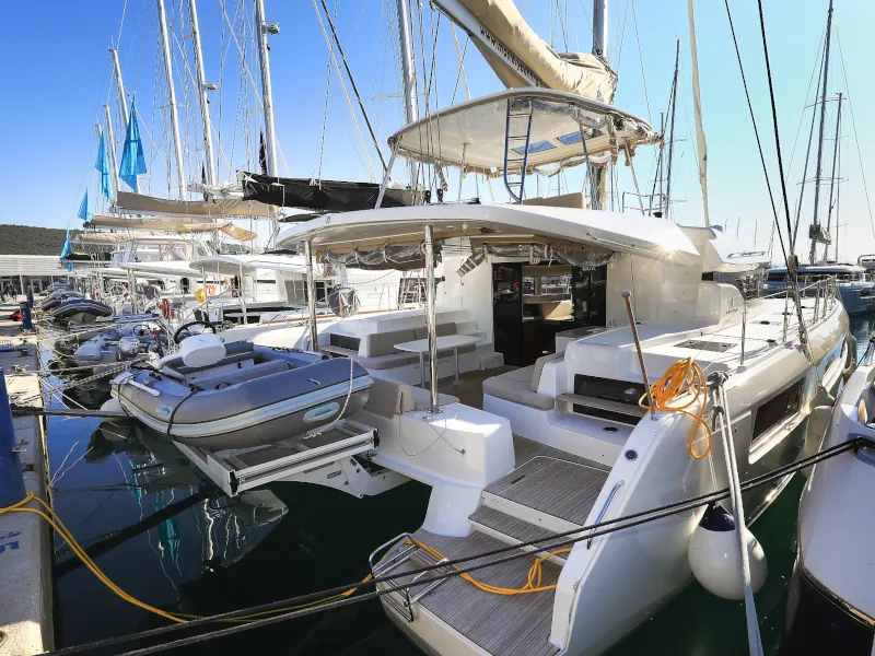 Exterior view of Lux, a Lagoon 50 catamaran at Sukošan, Croatia